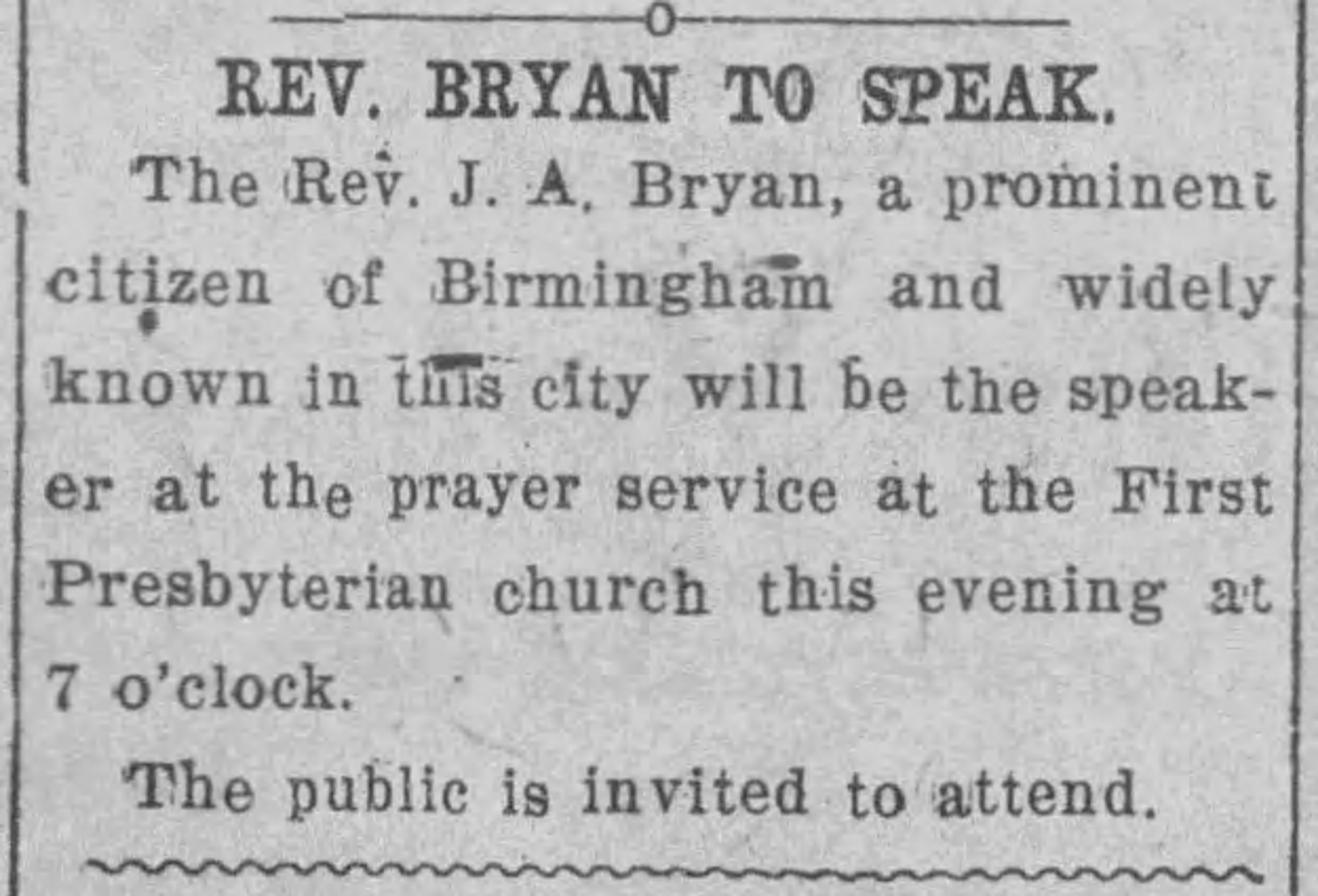 Rev. Bryan To Speak